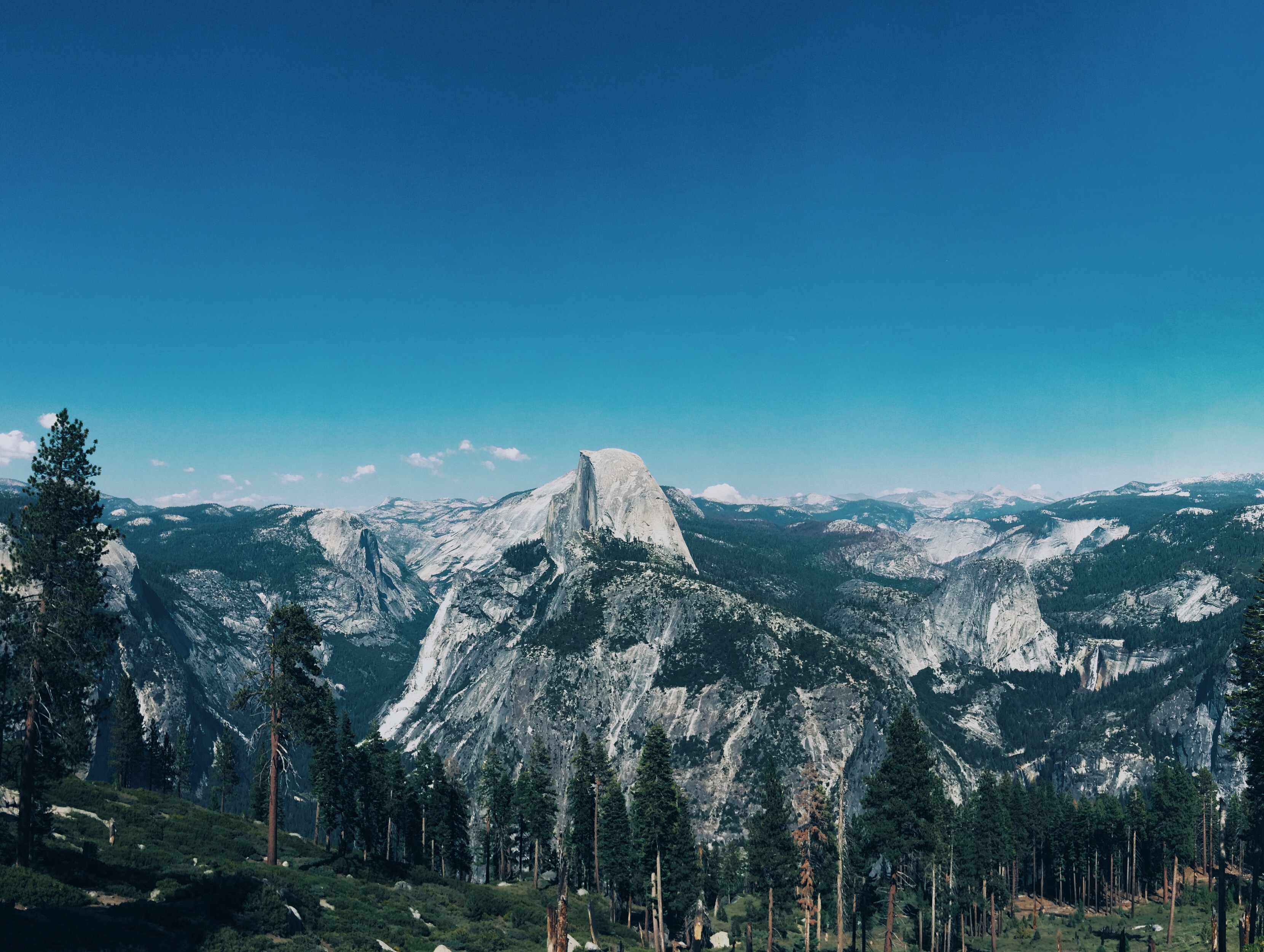 half dome blue sky trees beautiful
