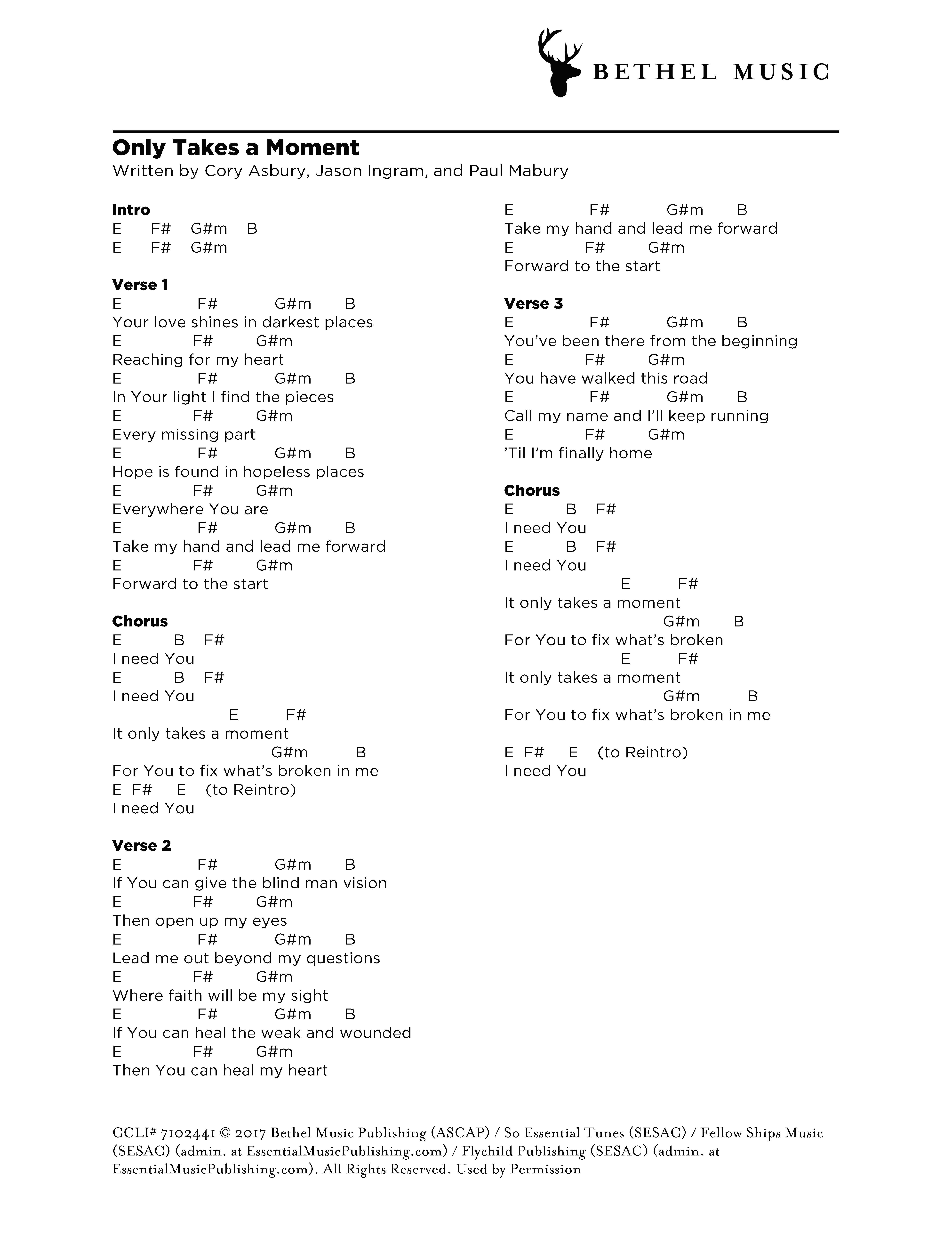chord chart_cory asbury_only takes a moment bethel music bethel music charts
