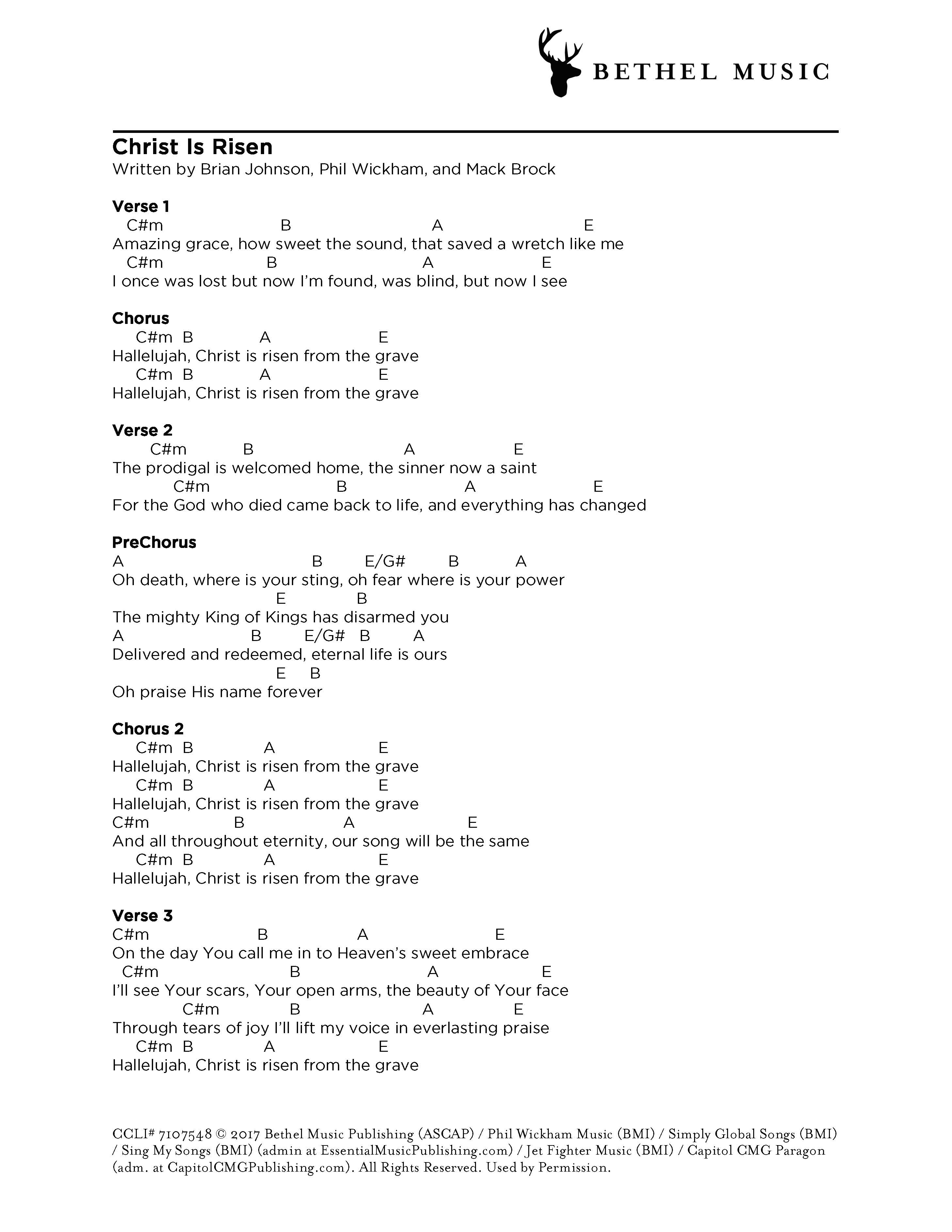 ChristIsRisenChordChart Bethel Music